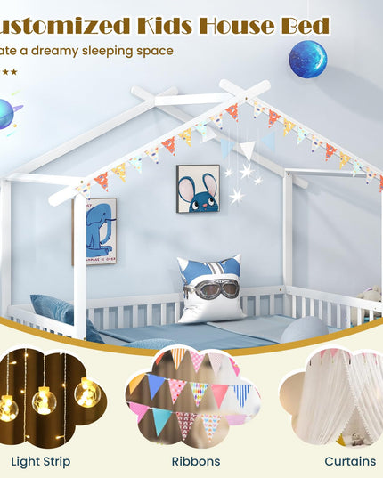 Giantex Extendable House Bed for Kids, Twin to King Daybed with Roof & Fence Rails, Wood Kids Bed Frame for Teens