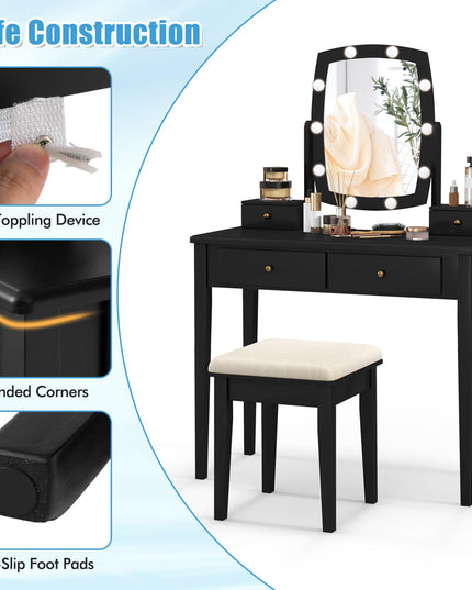 CHARMAID Vanity Desk with Mirror and Lights, Makeup Vanity Table with Swivel Mirror, Girls Bedroom Makeup Dressing Table with Stool