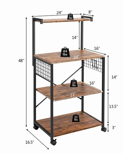 Giantex Kitchen Baker Rack on Wheels, Industrial Utility Storage Shelf, with 3 Hooks (Rustic Brown)