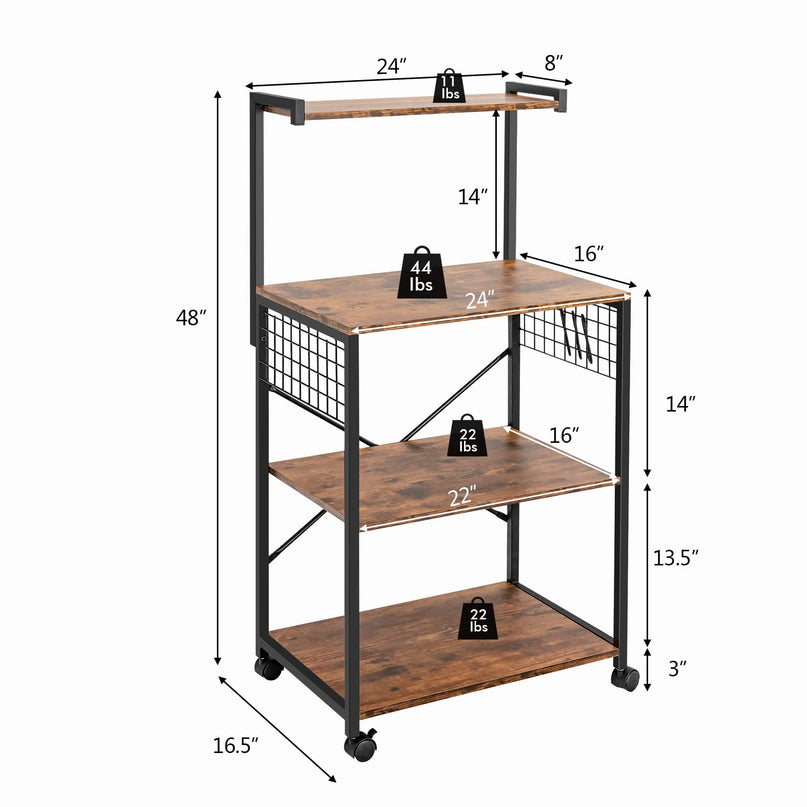 Giantex Kitchen Baker Rack on Wheels, Industrial Utility Storage Shelf, with 3 Hooks (Rustic Brown)