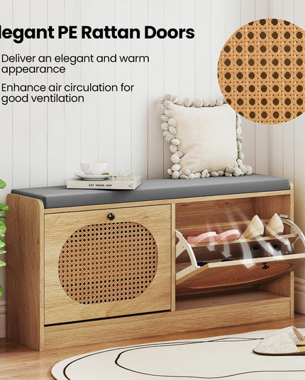 Giantex Rattan Shoe Storage Bench with 2 Flip Drawers & Padded Seat Cushion