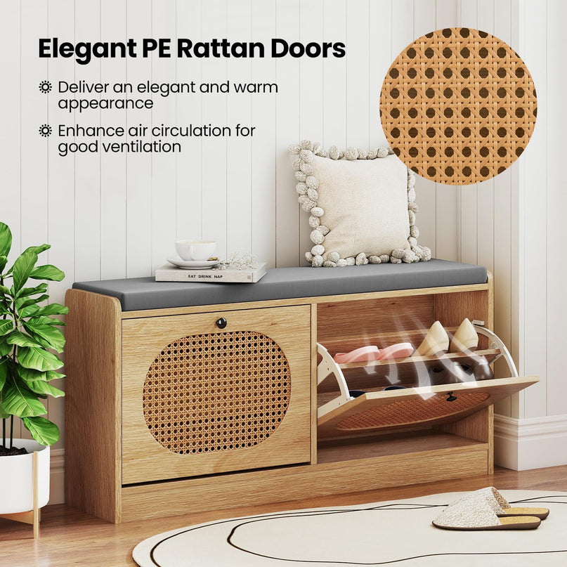 Giantex Rattan Shoe Storage Bench with 2 Flip Drawers & Padded Seat Cushion