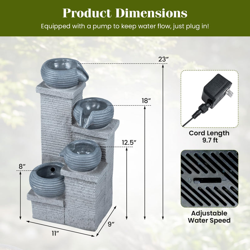 Giantex 23 Inch Cascading Bowls Waterfall Fountain with Warm LED Lights & Pump (4-Tier)