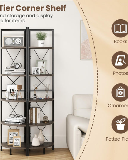 Giantex 5-Tier Corner Shelf, 63" Tall Corner Bookshelf, Freestanding Storage Rack w/Metal Frame