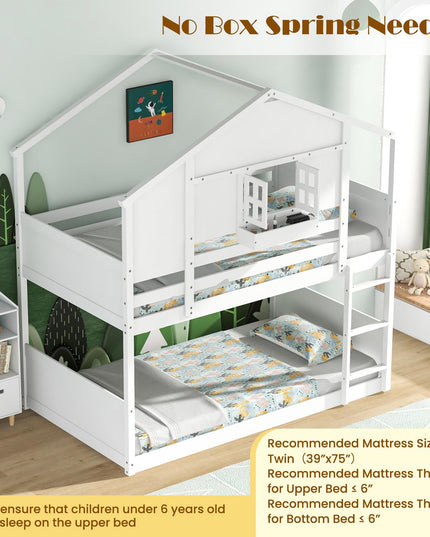 Giantex Bunk Bed Twin Over Twin, Wood House Bed for Kids with Roof, Window Door, White