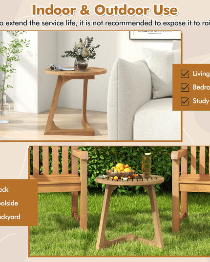 Giantex Teak Wood Outdoor Round Side Table with Slatted Tabletop