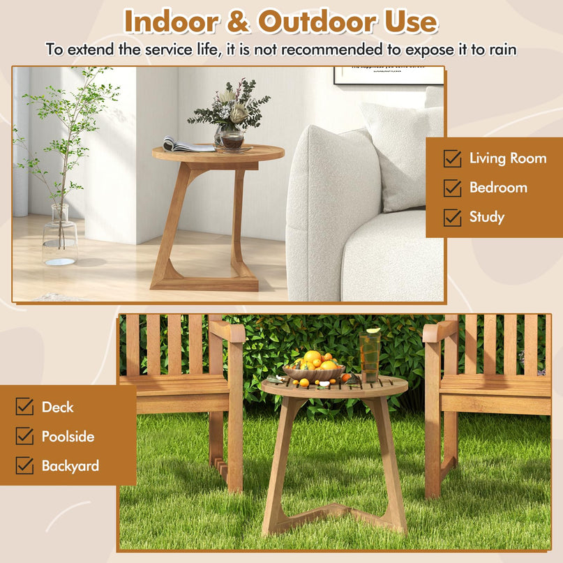 Giantex Teak Wood Outdoor Round Side Table with Slatted Tabletop
