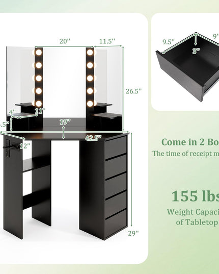 CHARMAID Corner Vanity Desk with Mirror and Lights
