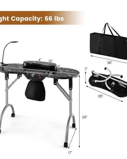 Giantex Nail Desk with Electric Dust Collector, Portable Manicure Table with USB-Plug LED Table Lamp