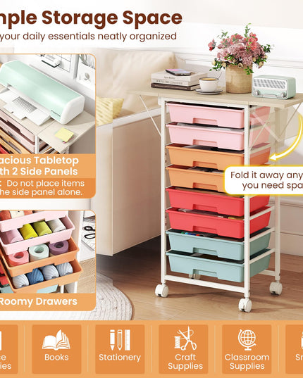 Giantex 8 Drawers Rolling Cart with Wheels Folding Wood Top
