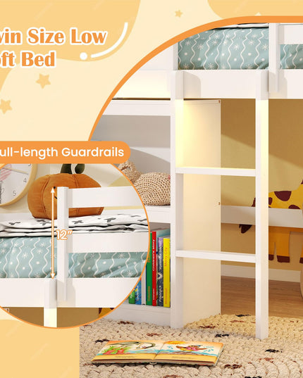 Giantex Twin Size Loft Bed with LED Lights Roof Window & Storage Bookshelf