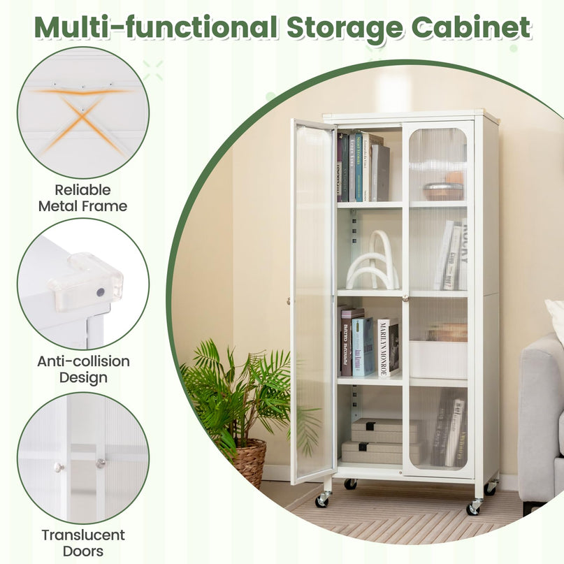 Giantex Bookcase with Doors, 58" Tall 4-Tier Bookshelf with Wheels, Adjustable Shelves (White)