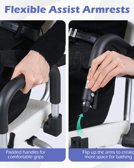 Giantex Sliding Shower Chair with Swivel Seat Flip-Up Padded Armrests & Safety Belt for Seniors