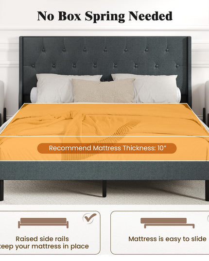 Giantex Queen Size Upholstered Bed Frame with Button Tufted Wingback Headboard