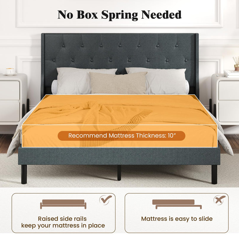Giantex Queen Size Upholstered Bed Frame with Button Tufted Wingback Headboard