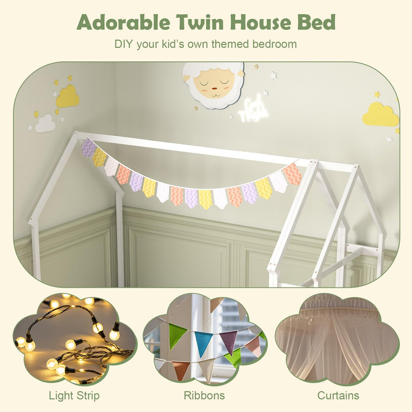 Giantex Twin House Floor Bed, Solid Wood Montessori Floor Bed with Detachable Storage Shelf & Clothes Hanger
