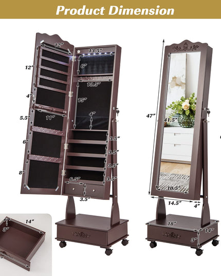 CHARMAID 6 LEDs Rolling Jewelry Cabinet with High Full Length Mirror, Lockable Standing Jewelry Armoire with Wheels
