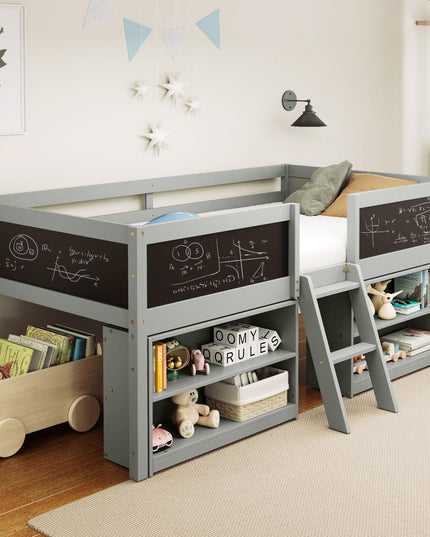 Giantex Low Loft Bed Twin Size, Wooden Loft Bed with Ladder & Blackboard