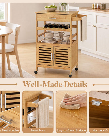 GIANTEX 27" Bamboo Kitchen Island Cart with Storage
