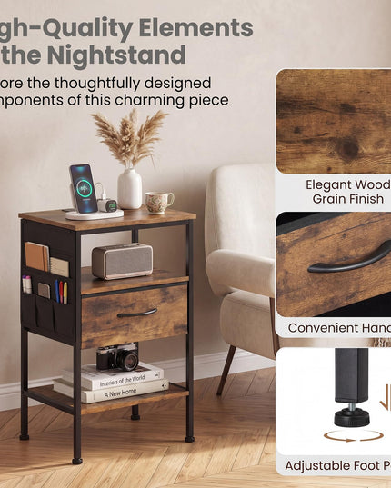 Giantex 24.5"/27.5" Nightstand with Charging Station & 1 Fabric Drawer(1/2)