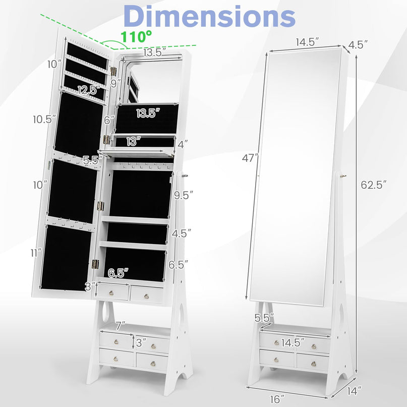 Jewelry Armoire with Full Length Door Mirror & Inside Lighted Vanity Mirror
