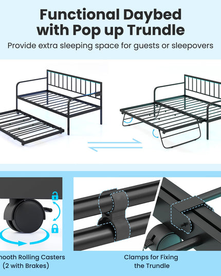 Giantex Twin Daybed with Trundle, Metal Day Bed with Charging Station & LED Lights