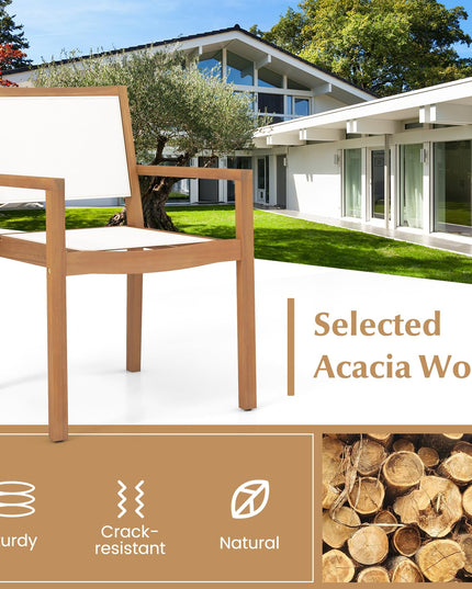 Giantex Stackable Outdoor Dining Chair Set, Patio Armchairs w/Acacia Wood Frame, All Weather Fabric, Armrests