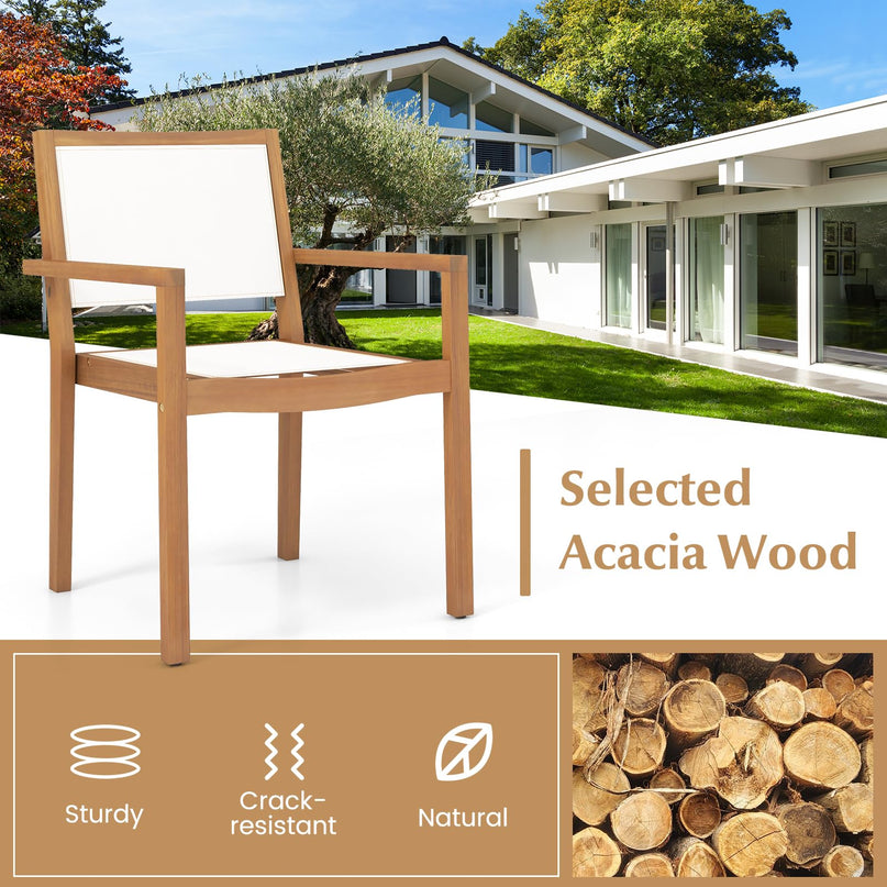 Giantex Stackable Outdoor Dining Chair Set, Patio Armchairs w/Acacia Wood Frame, All Weather Fabric, Armrests