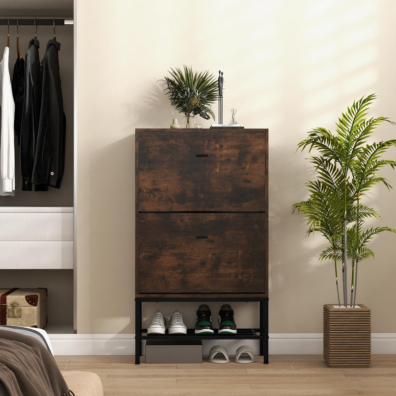 Giantex Shoe Storage Cabinet - Hidden Shoe Organizer with 2 Flip Drawers, Adjustable & Removable Interior Shelves