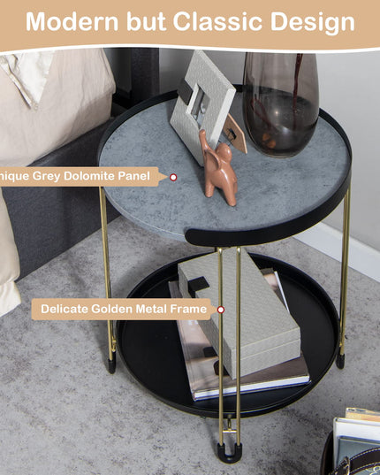 Giantex Modren Side Table, Faux Marble End Table with Golden Frame and Removable Tray