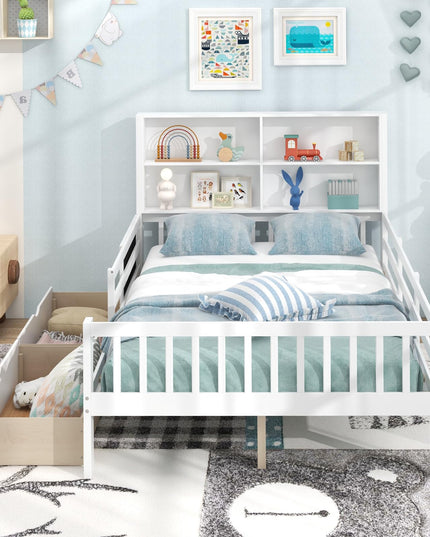 Giantex 2 Storage Drawers, Solid Wood Kids Bed Frame w/Bookcase Headboard & Blackboard