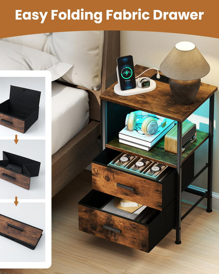 Table de chevet Giantex avec station de recharge | Table d'appoint de canapé à LED avec 2 tiroirs en tissu pliable
