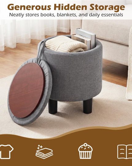 Giantex Round Ottoman with Storage Linen Fabric Upholstered