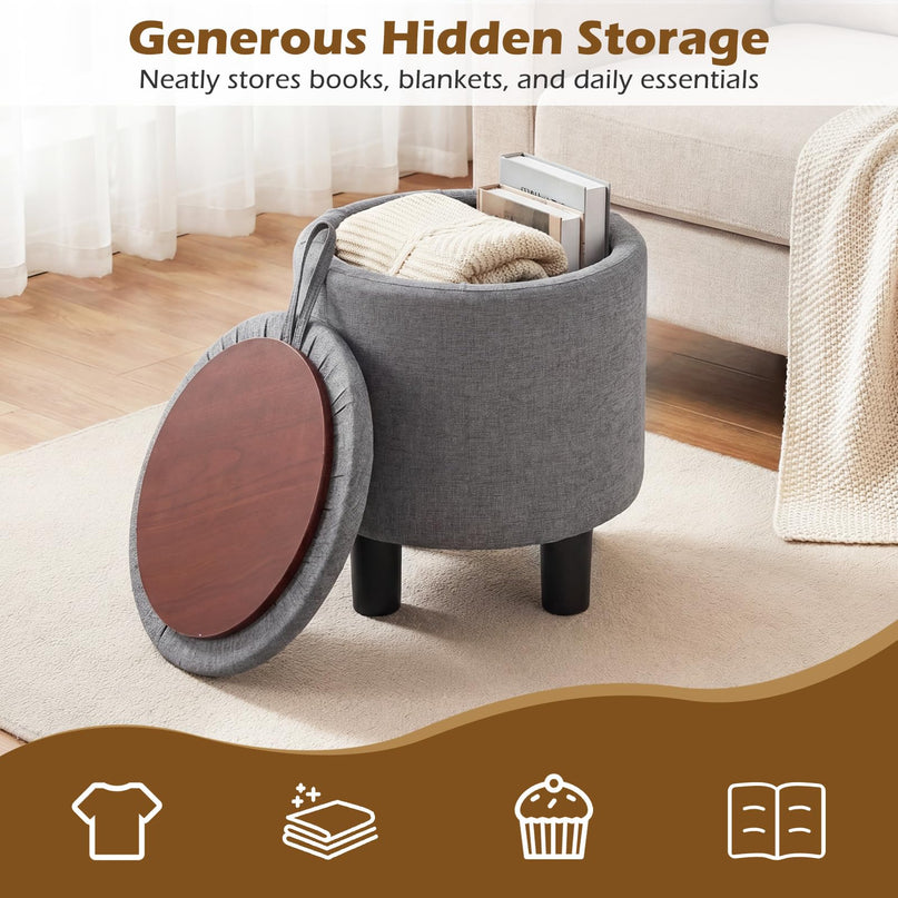 Giantex Round Ottoman with Storage Linen Fabric Upholstered