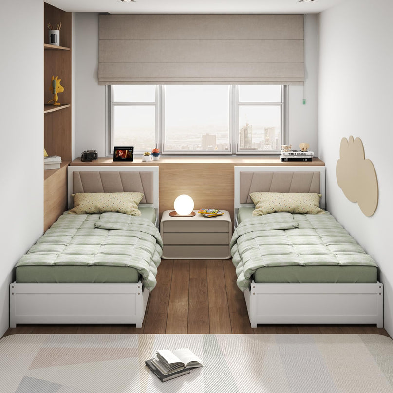 Giantex Wood Twin Bed with 2 Storage Drawers, Solid Wood Platform Bed with Upholstered Headboard