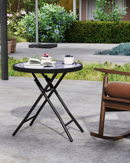 Giantex Folding Outdoor Side Table - 18” Round End Table with Tempered Glass Tabletop & Metal Frame
