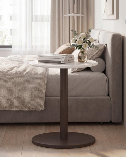 Giantex Round Marble Side Table w/Stone Finish & Wooden Pedestal (1/2)