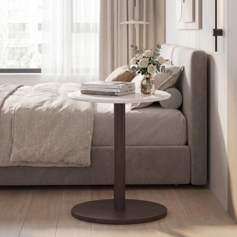 Giantex Round Marble Side Table w/Stone Finish & Wooden Pedestal (1/2)