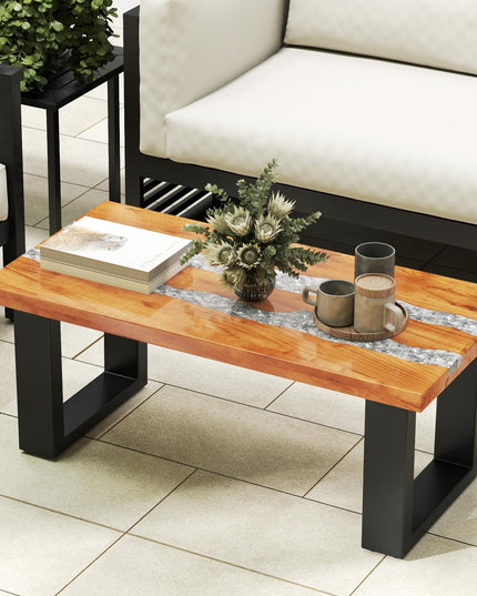 Giantex Teak Outdoor Coffee Table, Rectangular Resin Side Table with River Feel Epoxy Tabletop