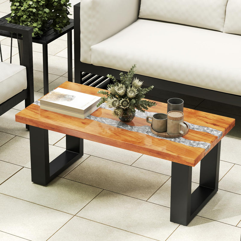 Giantex Teak Outdoor Coffee Table, Rectangular Resin Side Table with River Feel Epoxy Tabletop
