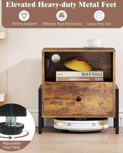 Giantex Industrial End Table with Charging Station & Storage Drawer