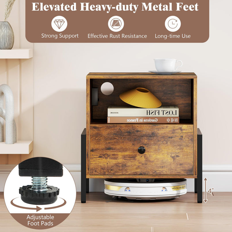Giantex Industrial End Table with Charging Station & Storage Drawer