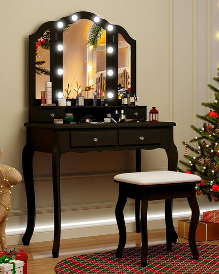CHARMAID Vanity Desk with Lights - Makeup Vanity Table with Tri-Fold Mirror, 10 Adjustable Hollywood LED Lights, 4 Storage Drawers