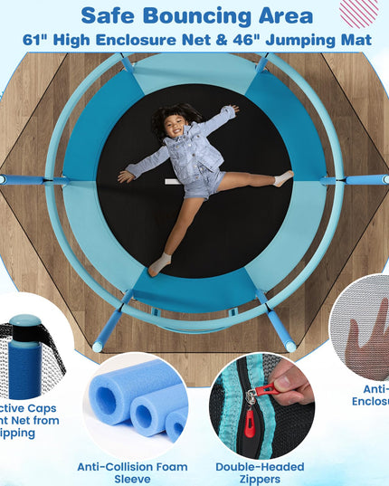 Giantex 60" Trampoline for Kids, 5 Ft Toddler Trampoline with Net, 85" Height Mini Trampoline with Detachable Ring and Horizontal Bar