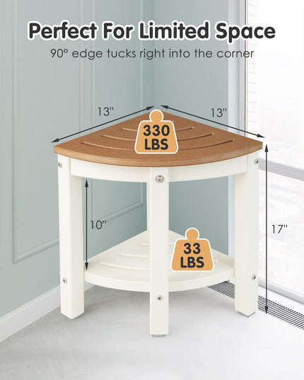 Giantex Corner Shower Stool Waterproof - HDPE Shower Bench Seat with Storage Shelf