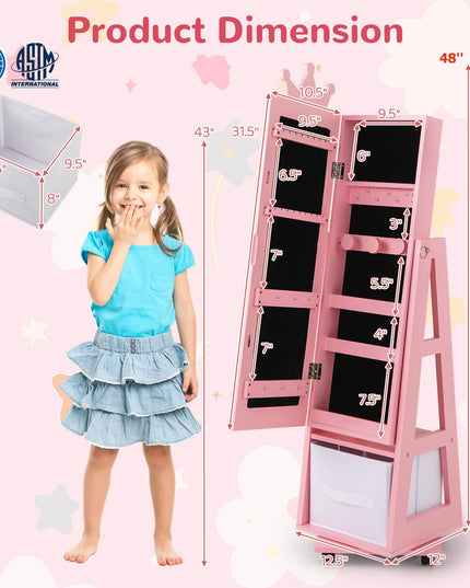 CHARMAID 360° Swivel Kids Jewelry Cabinet, 48" Standing Jewelry Organizer with Full Length Mirror, Storage Drawer