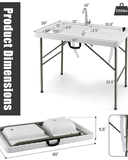 Giantex Fish Cleaning Table with 2 Sinks, Faucet, Garage Holder, Portable Folding Camping Table with Measuring Mark