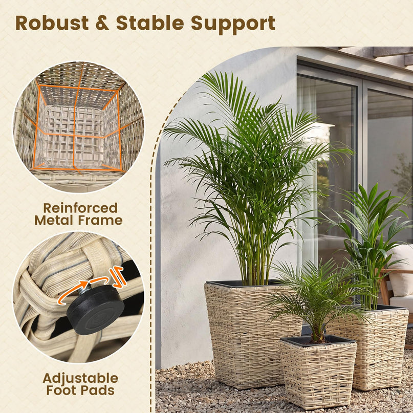 Giantex 3-Piece Rattan Planter Box Kit for Indoor & Outdoor Plants