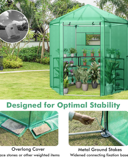 Giantex 7 x 6 x 7.5 FT Greenhouse, Large Hexagonal Walk in Greenhouse Outdoor with Heavy-Duty Metal Frame