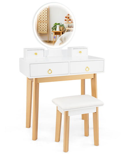 Vanity Desk with Lighted Mirror and Stool for Girls Bedroom